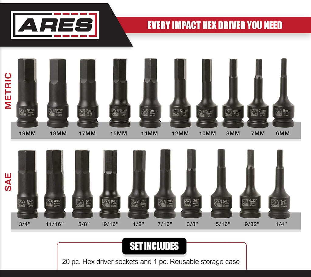 20-Piece 1/2-Inch Drive Impact Hex Driver Set Chrome Moly Steel R2600