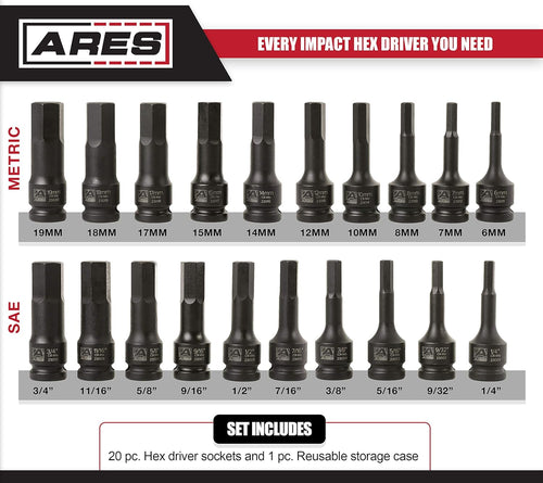 20-Piece 1/2-Inch Drive Impact Hex Driver Set Chrome Moly Steel R2600