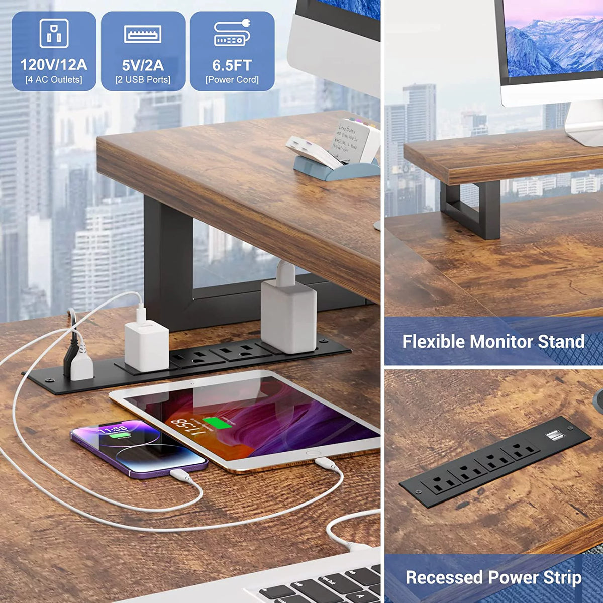 U Shaped Computer Desk with Power Outlet and LED Strip N8002