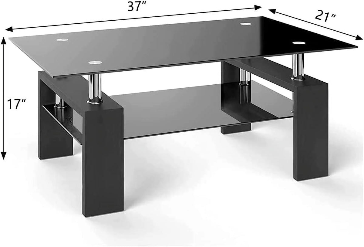 Black Rectangle Glass Coffee Table with Shelf and Wooden Legs T631