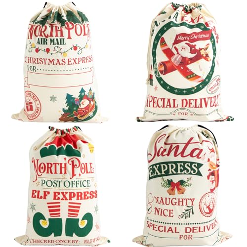 4-Pack Large Christmas Canvas Gift Bags with Drawstring P4483
