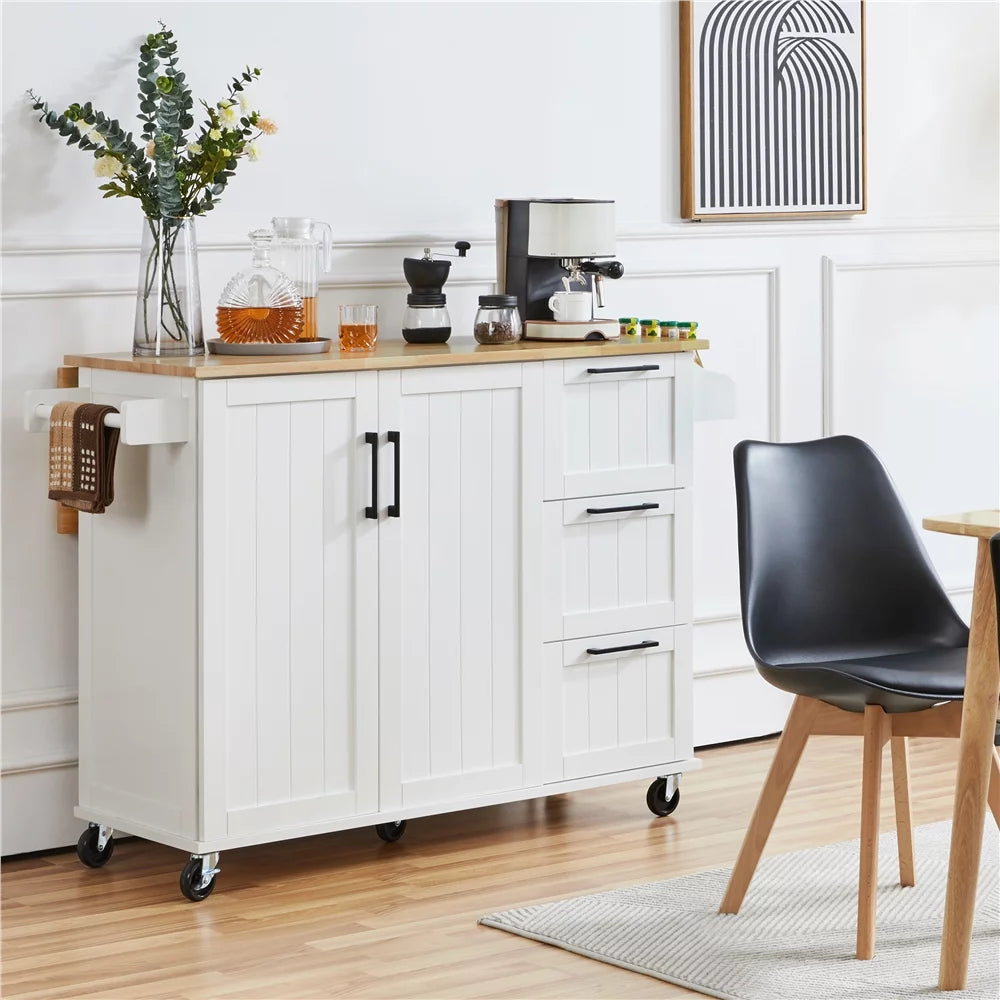 White Rolling Kitchen Cart with Wood Top and Drop Leaf J563362