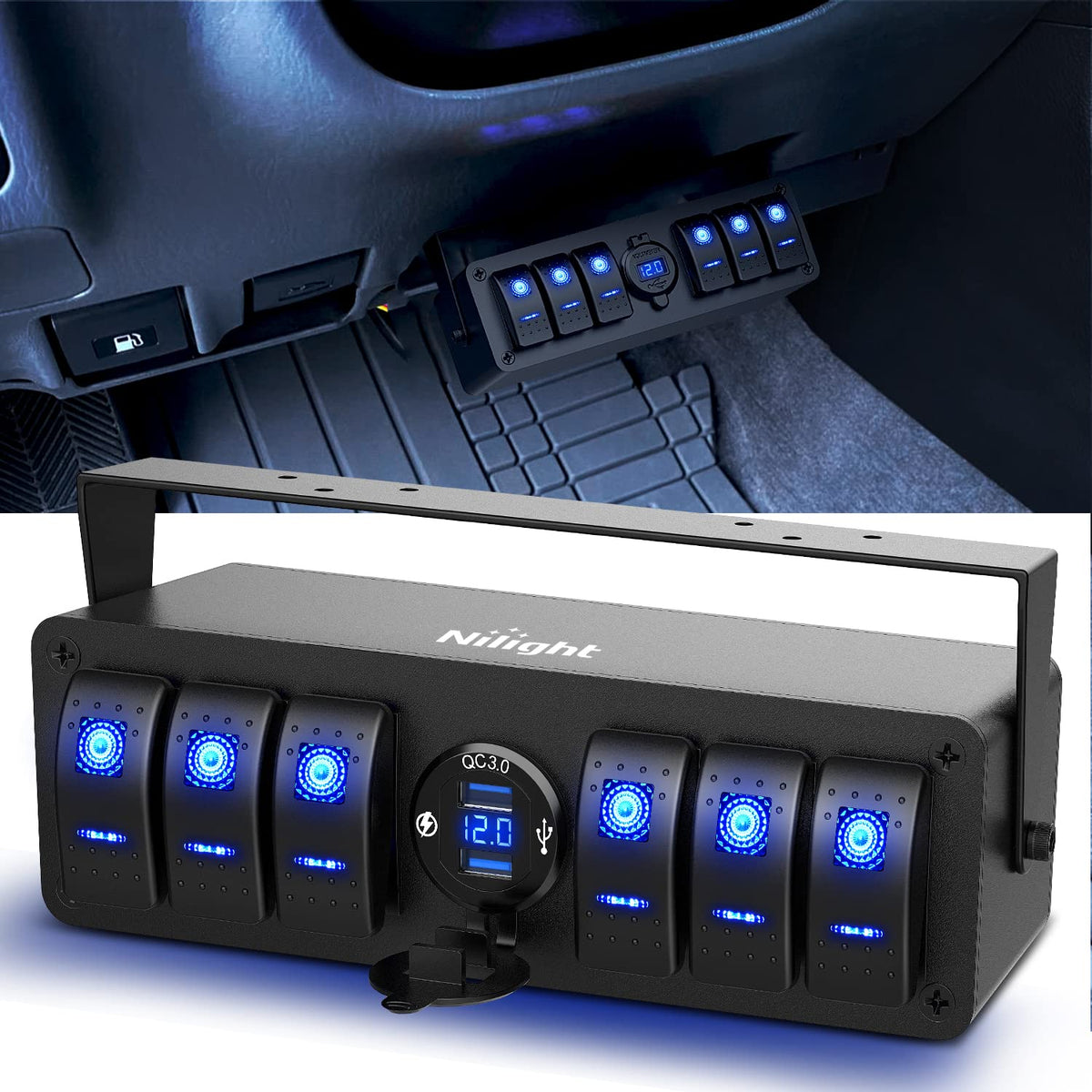 6 Gang Waterproof Aluminum Rocker Switch Panel with USB Charger Voltmeter B84363