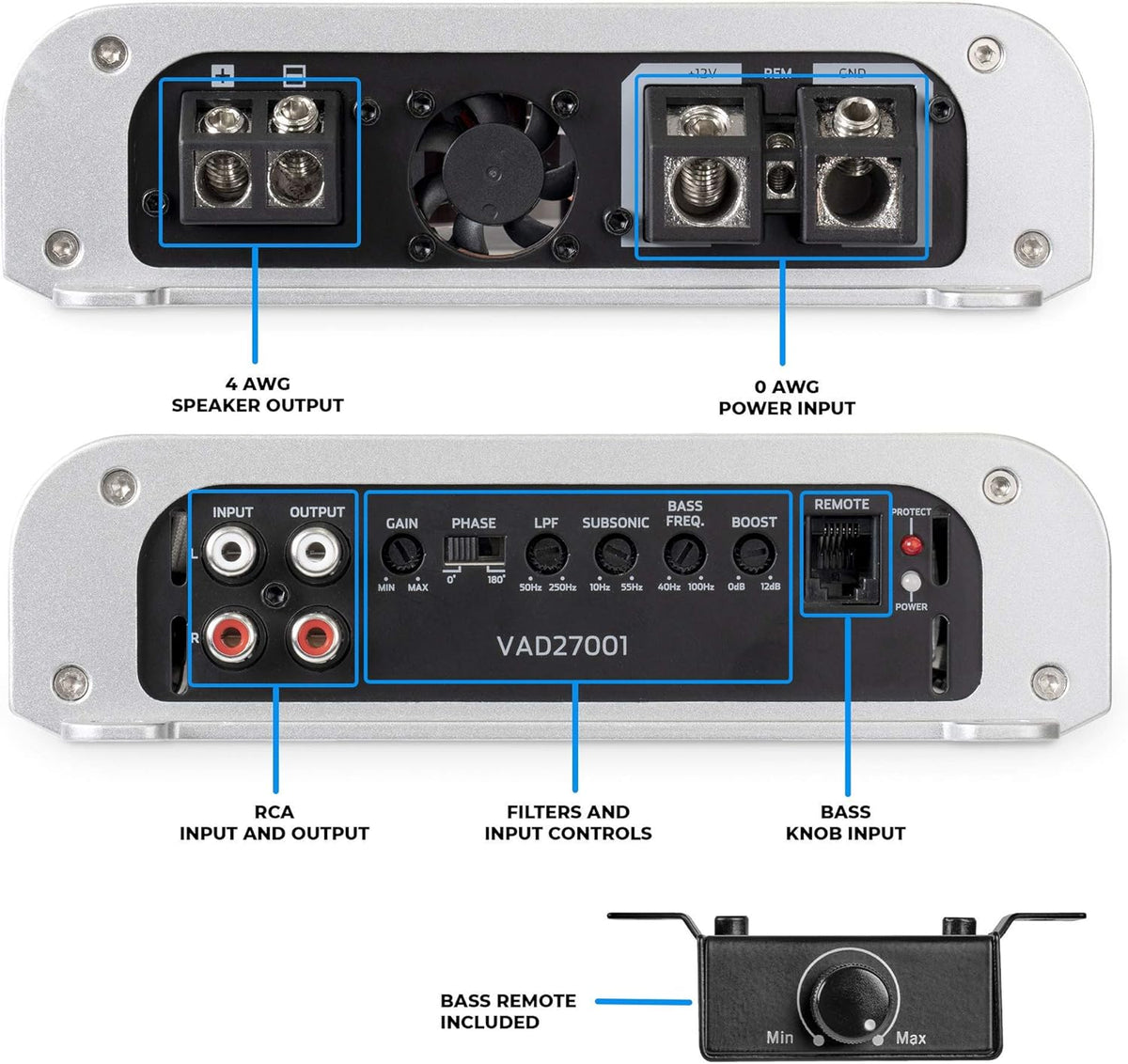 2700W RMS Class D Monoblock Amplifier with Bass Remote N1784