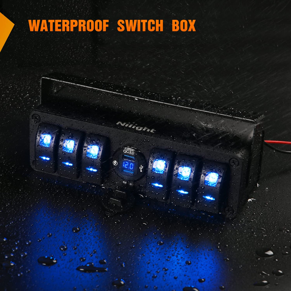 6 Gang Waterproof Aluminum Rocker Switch Panel with USB Charger Voltmeter B84363