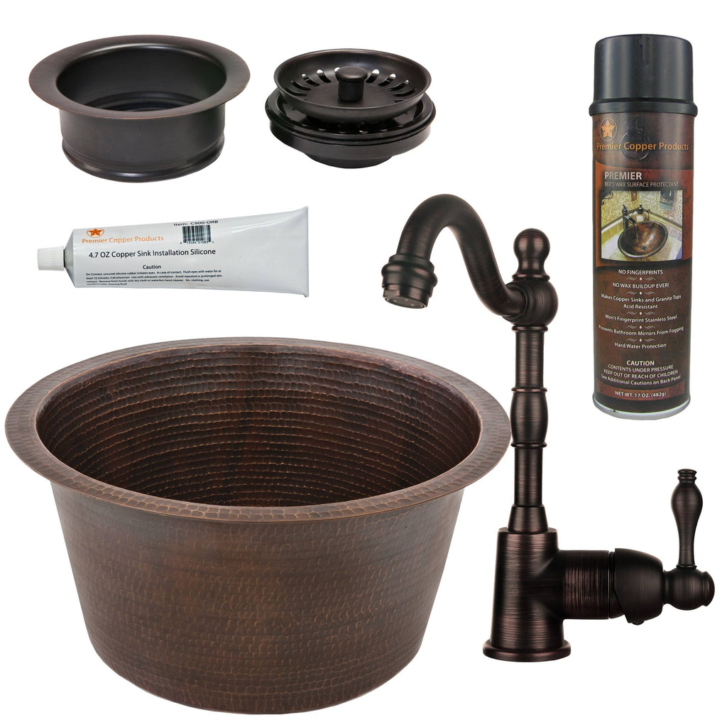 17x22 Round Hammered Copper Bar/Prep Sink with Faucet & Accessories Package R8037
