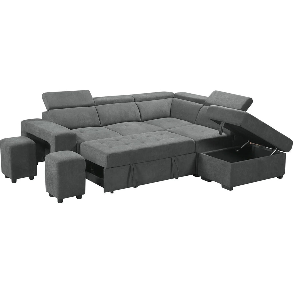 Light Gray Sleeper Sectional Sofa with Storage Ottoman and 2 Stools Y6250