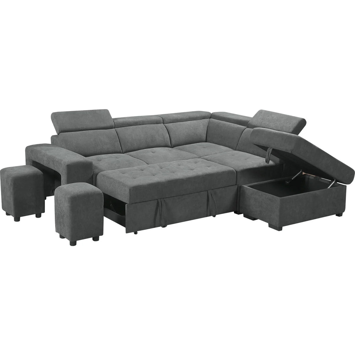 Light Gray Sleeper Sectional Sofa with Storage Ottoman and 2 Stools Y6250