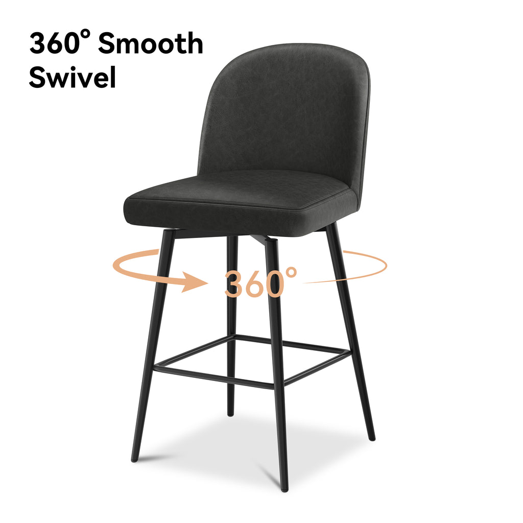 Black 26 Inch Upholstered Swivel Bar Stools Set of 2 with Back and Metal Legs O2186