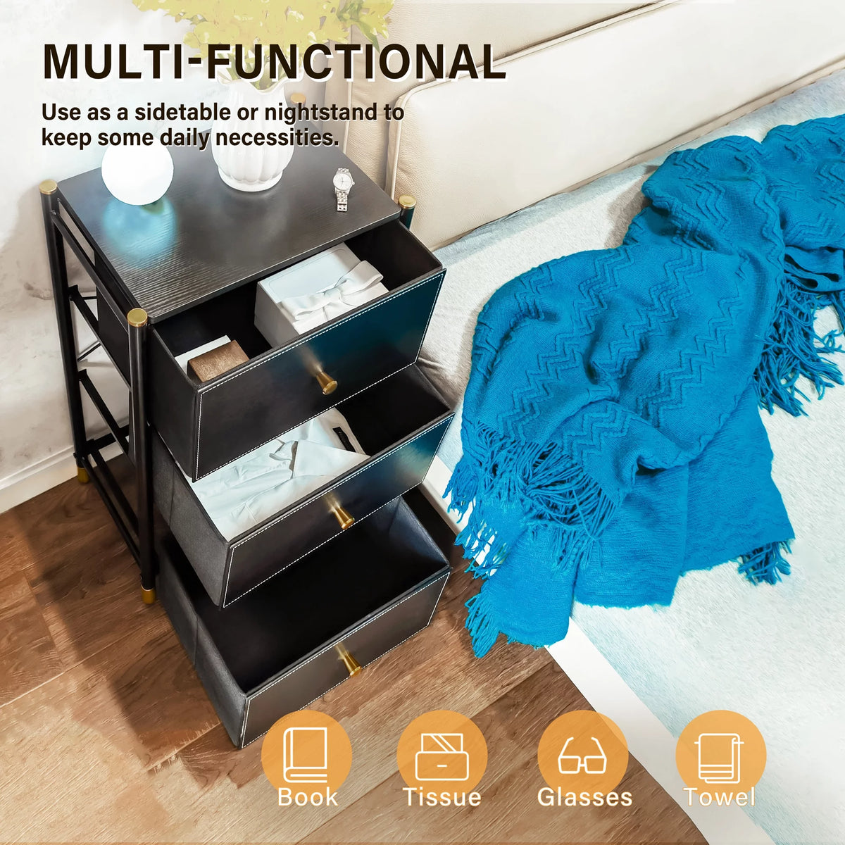 Black 3 Drawer Fabric Dresser E9458