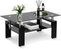 Black Rectangle Glass Coffee Table with Shelf and Wooden Legs T631