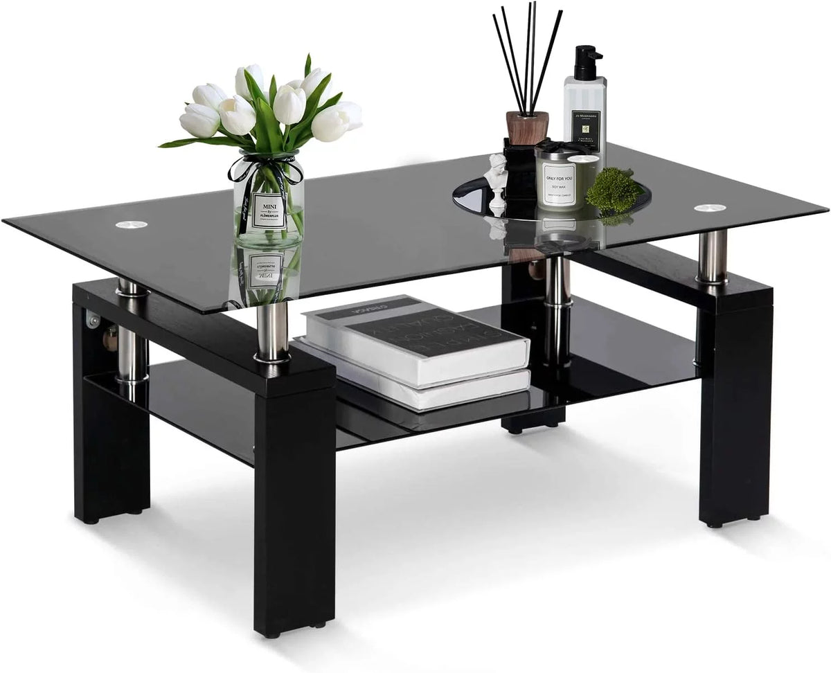 Black Rectangle Glass Coffee Table with Shelf and Wooden Legs T631