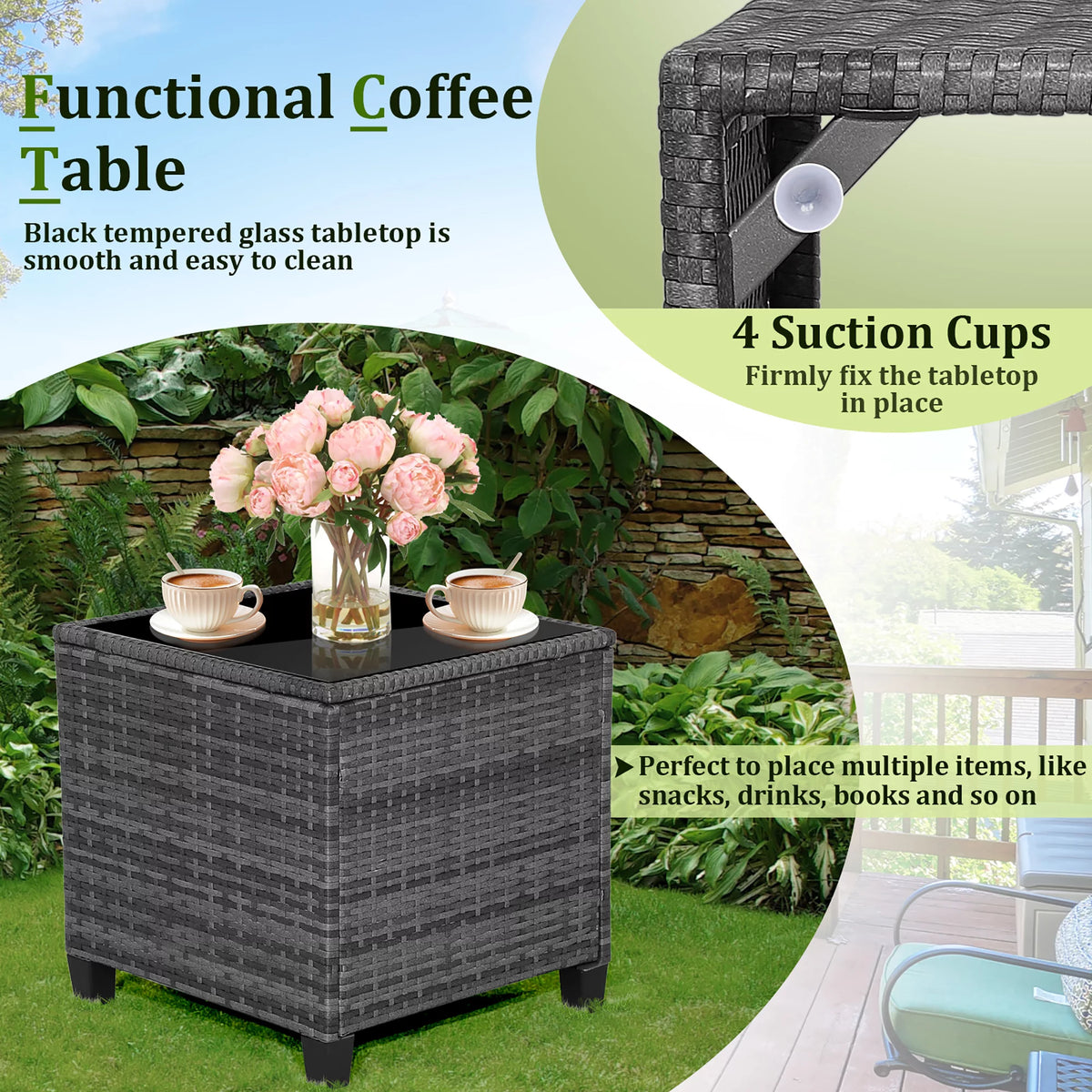 3 Pcs Patio Rattan Sofa Set with Grey Cushion M766