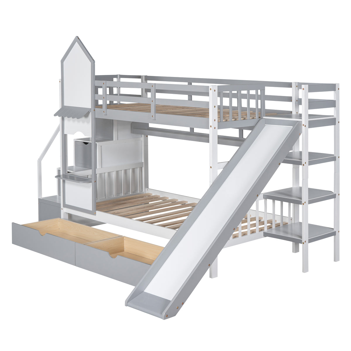 Twin Over Twin Bunk Bed with 2 Drawers and Slide, Gray N9162