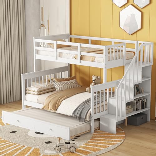 White Wood Twin Over Full Bunk Bed with Trundle and Stairs N676284
