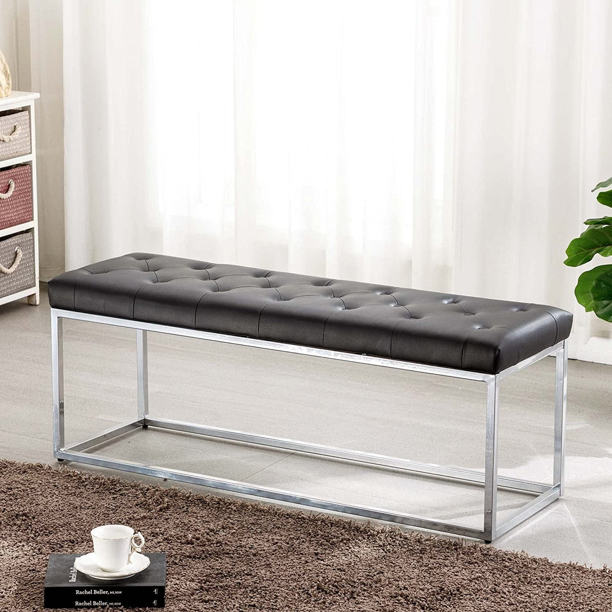 Black Tufted Leather Upholstered Bench with Metal Base T4636