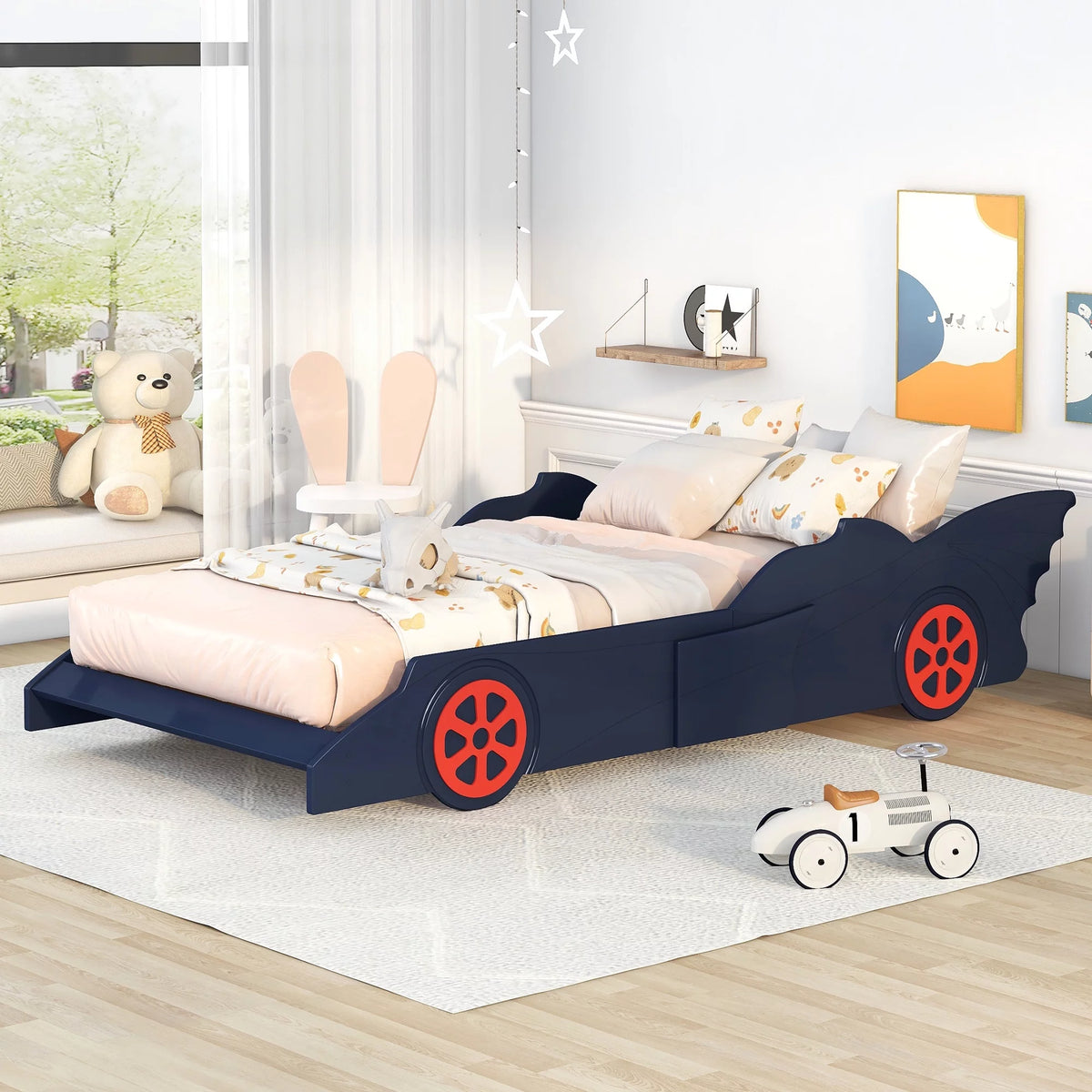Twin Size Wood Race Car-Shaped Platform Bed with Safety Rails G19713
