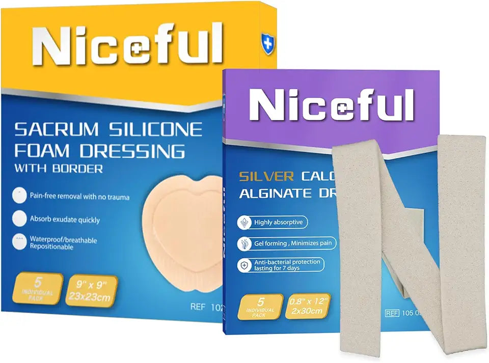 5 Pcs Silver Calcium Alginate Dressing 0.8x12in, 5 Pcs Sacral Foam Dressing 9x9, Highly Absorbent Wound Dressing Q302984