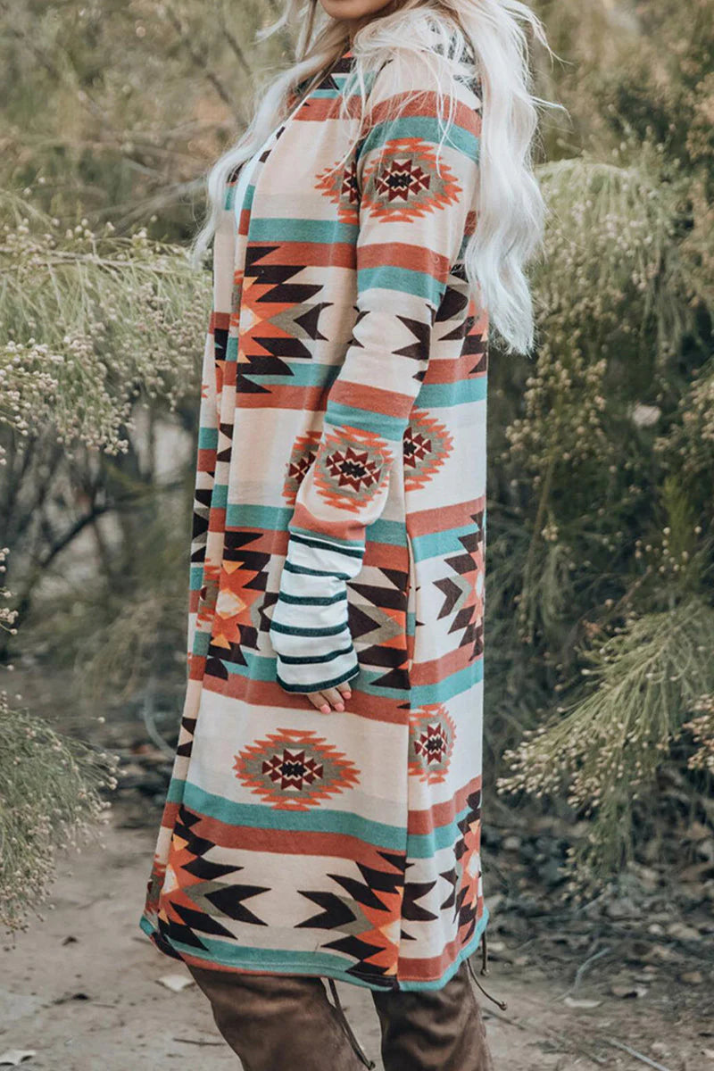 Geometric Print Contrast Cardigan Collar Outerwear W5840