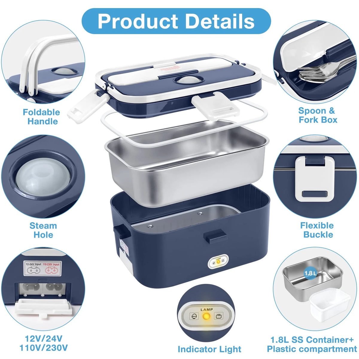Electric Lunch Box Food Heater 60W 1.8L Stainless Steel Green Royal Blue P561