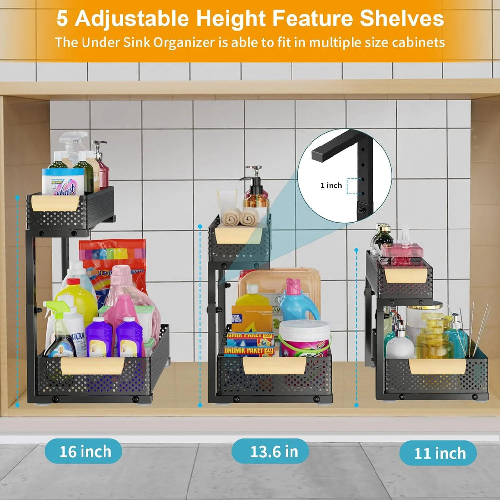 2 PACK 5 Height Adjustable 2 Tiers Pull Out Drawer Shelves Metal Slide Tray Organizer D989960