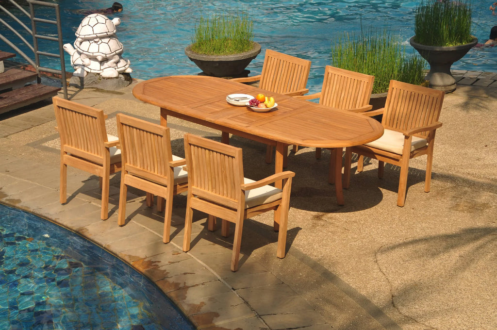 Grade-A Teak 7 Pc Dining Set with 94" Oval Table and 6 Stacking Arm Chairs H50506