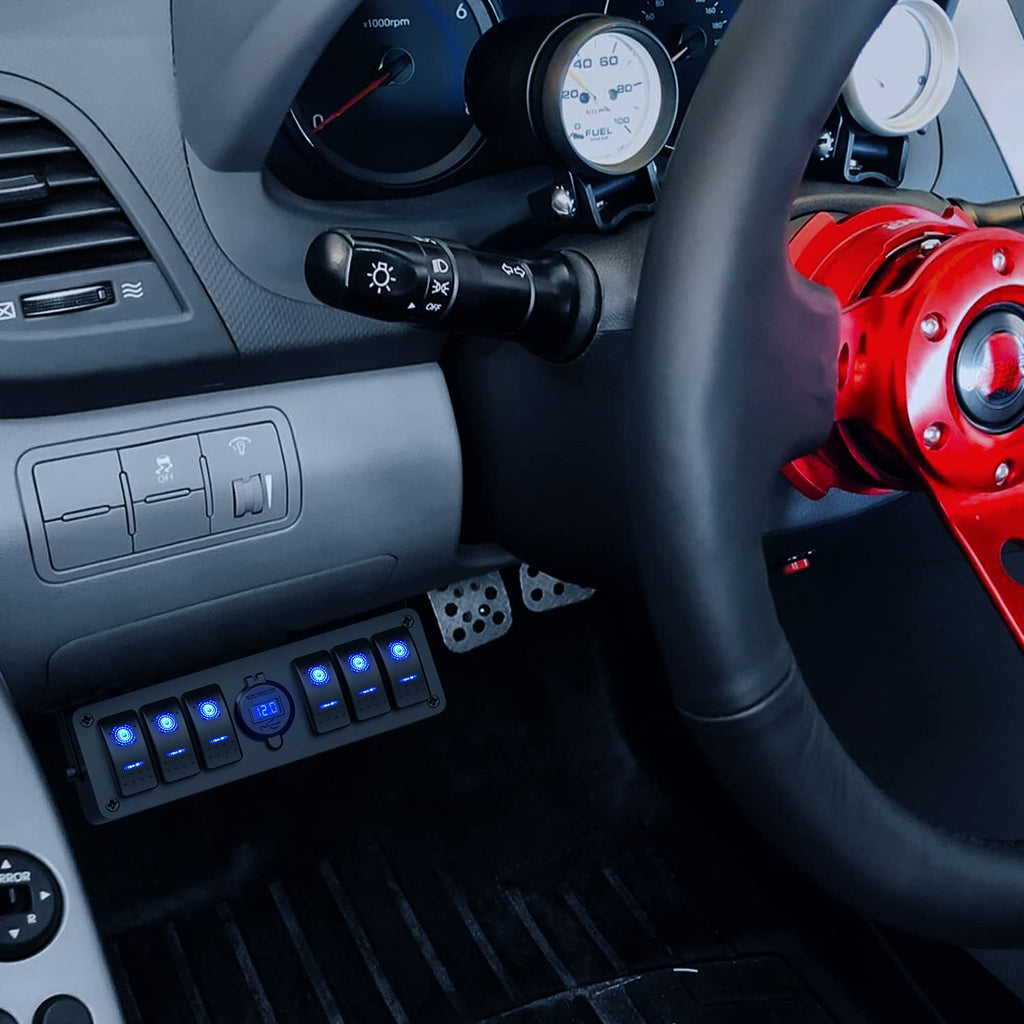 6 Gang Waterproof Aluminum Rocker Switch Panel with USB Charger Voltmeter B84363