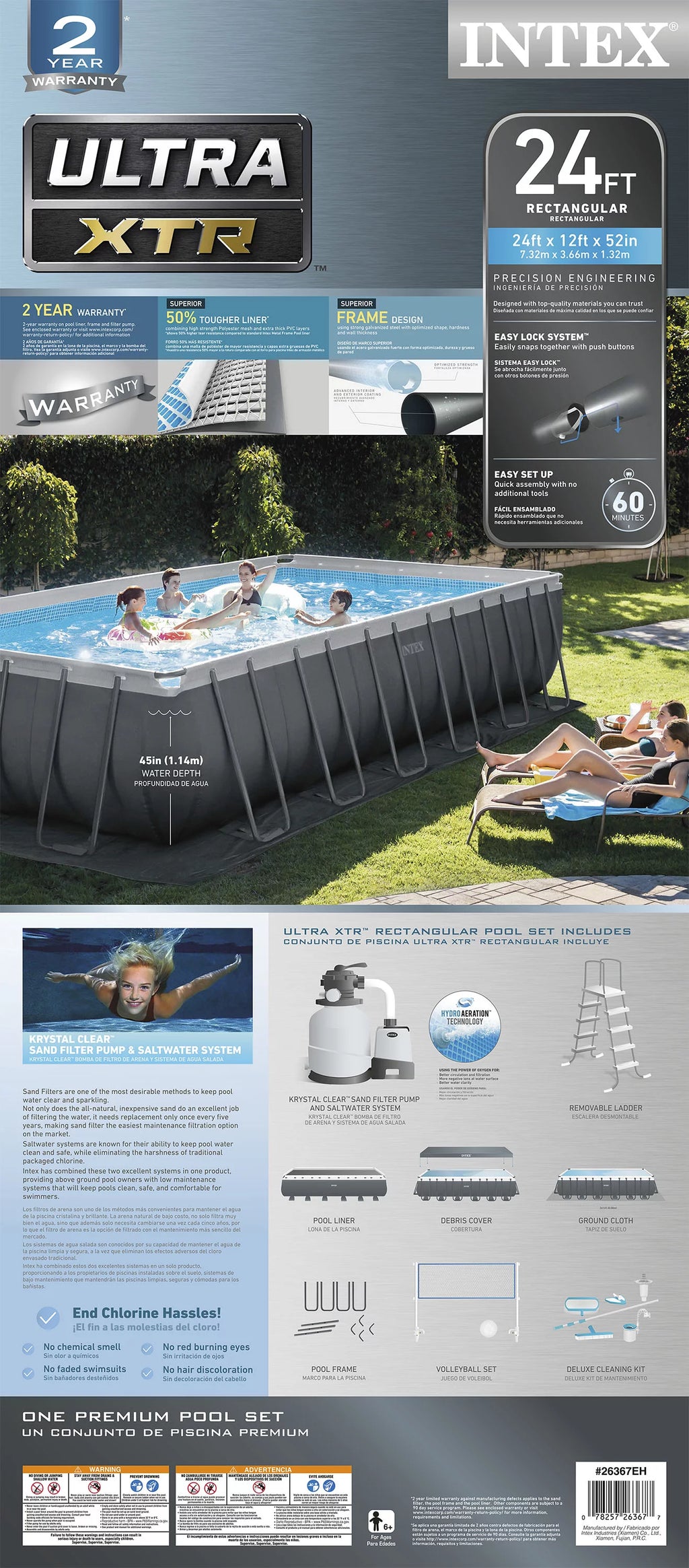 24' x 12' x 52 Frame Swimming Pool K109