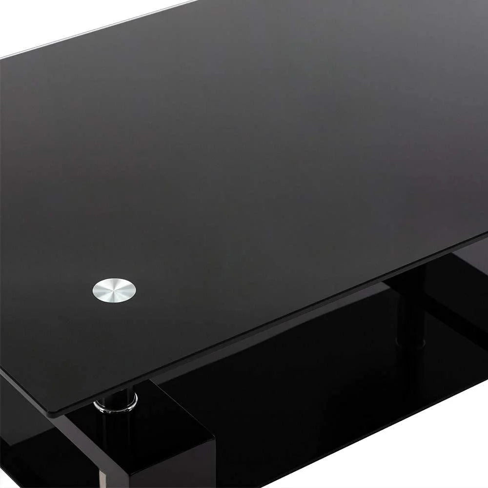 Black Rectangle Glass Coffee Table with Shelf and Wooden Legs T631