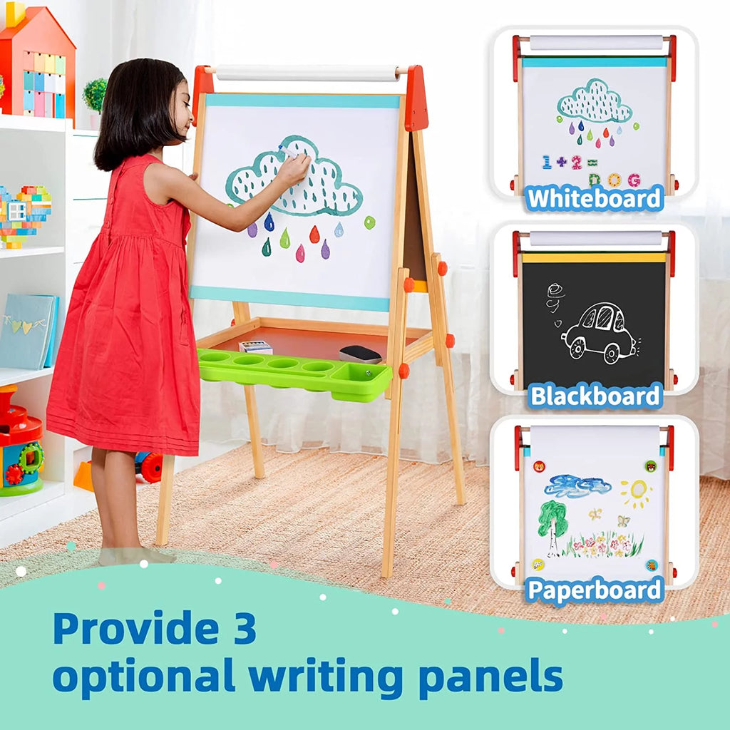Wooden Easel with Magnetic Whiteboard, Chalkboard, Paper Roll O190