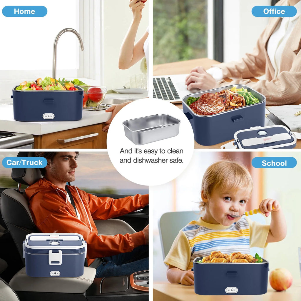 Electric Lunch Box Food Heater 60W 1.8L Stainless Steel Green Royal Blue P561