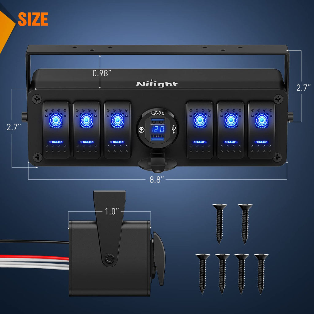 6 Gang Waterproof Aluminum Rocker Switch Panel with USB Charger Voltmeter B84363