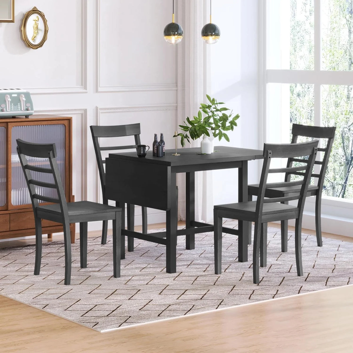 Wood Drop Leaf Dining Table Set with 4 Ladder Back Chairs Grey V168002