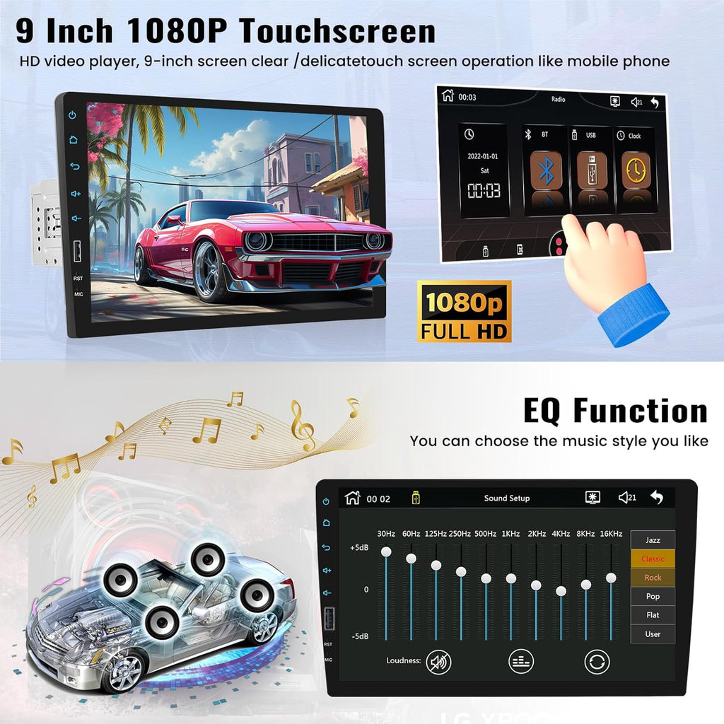 9 Inch Touchscreen Single Din Car Stereo with Wireless Carplay Android Auto Bluetooth FM EQ Backup Camera Car MP5 Player with Steering Wheel Control 7 Color Light MIC S247