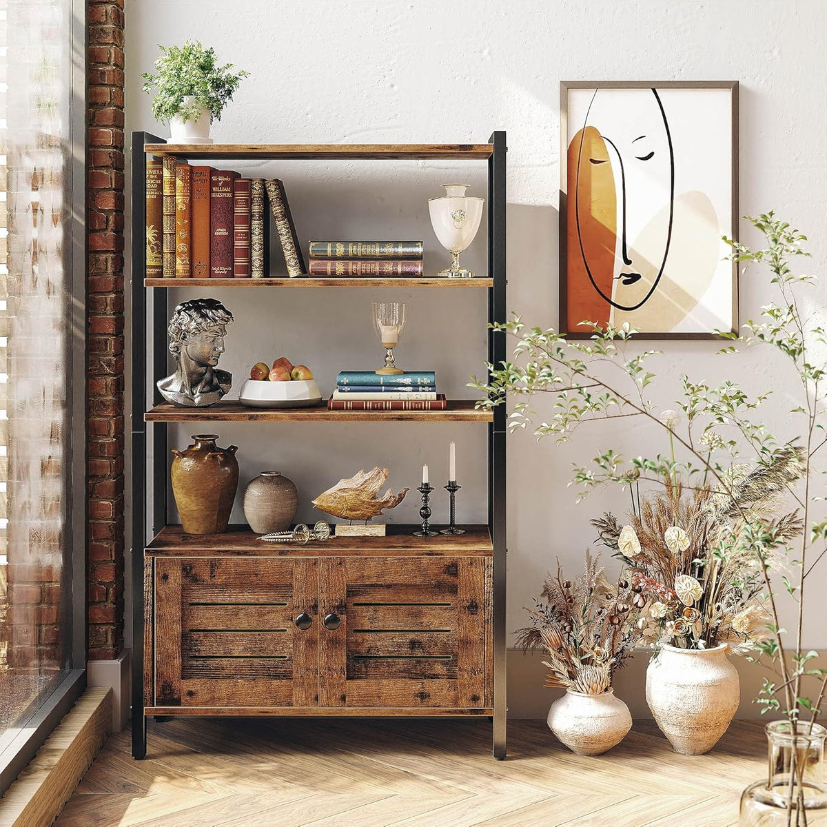 Industrial Bookshelf and Bookcase with 2 Louvered Doors and 3 Shelves N268