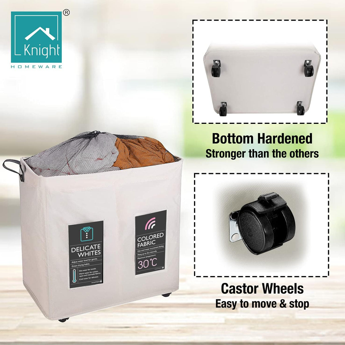 120L Collapsible Laundry Basket with Wheels, 2 Section, Mesh Cover, Handles, Ivory S373