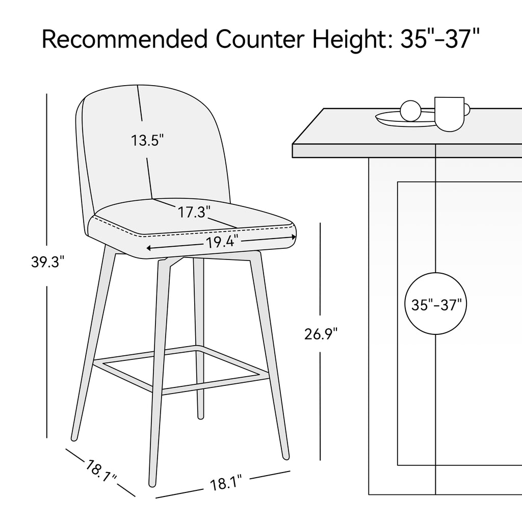 Black 26 Inch Upholstered Swivel Bar Stools Set of 2 with Back and Metal Legs O2186