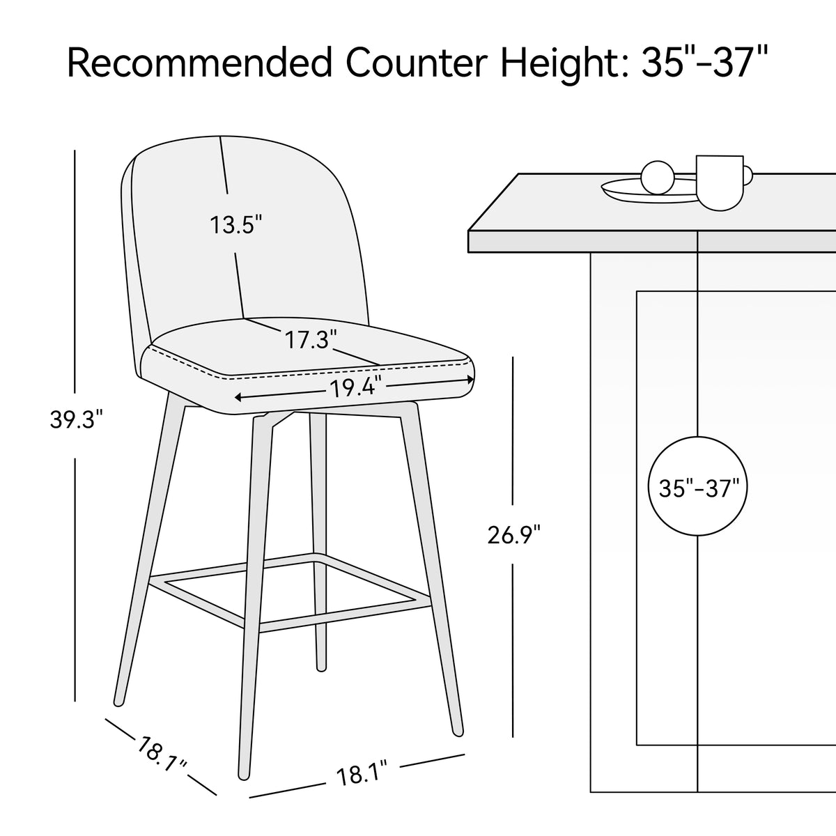 Black 26 Inch Upholstered Swivel Bar Stools Set of 2 with Back and Metal Legs O2186