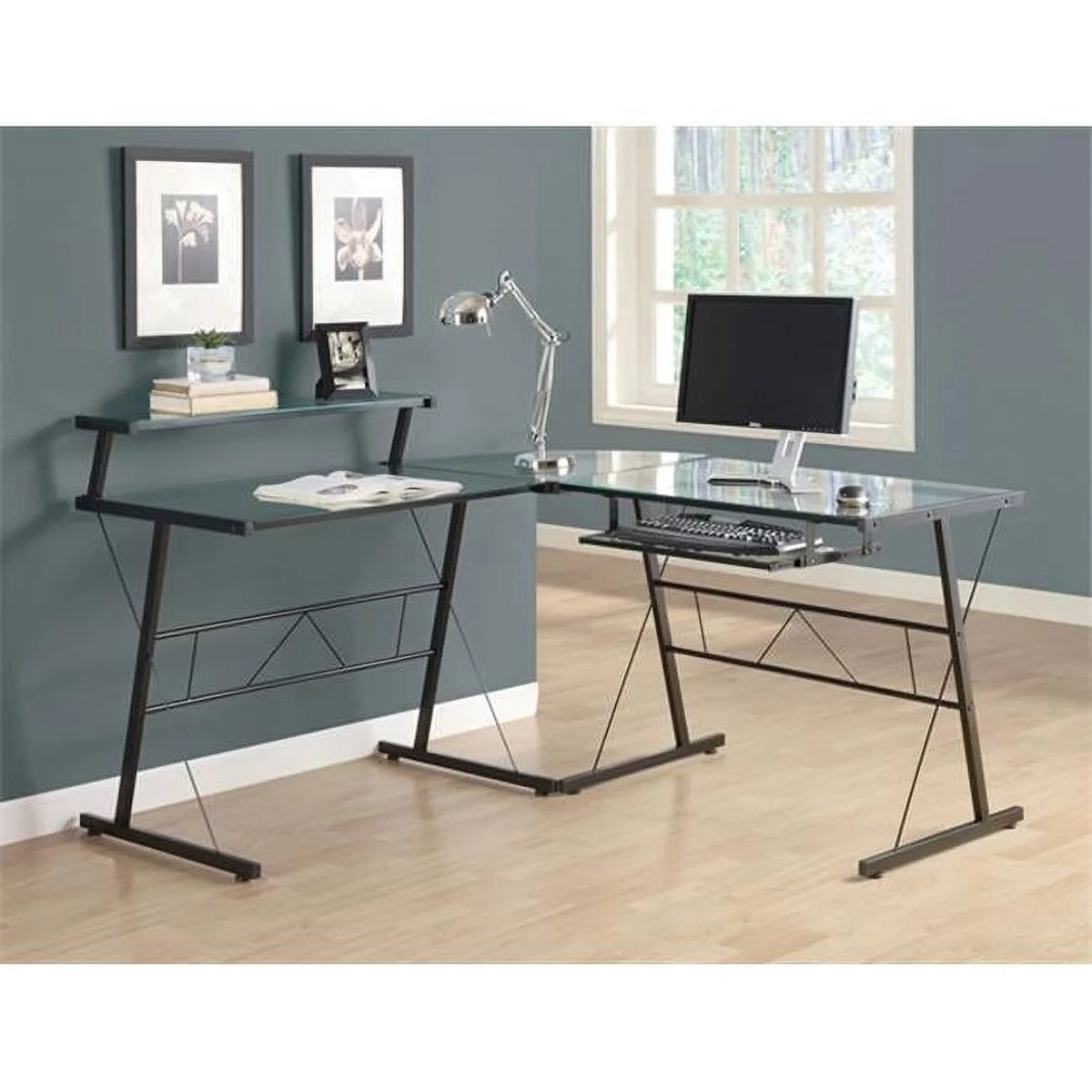 Black L Shaped Computer Desk with Tempered Glass F5846