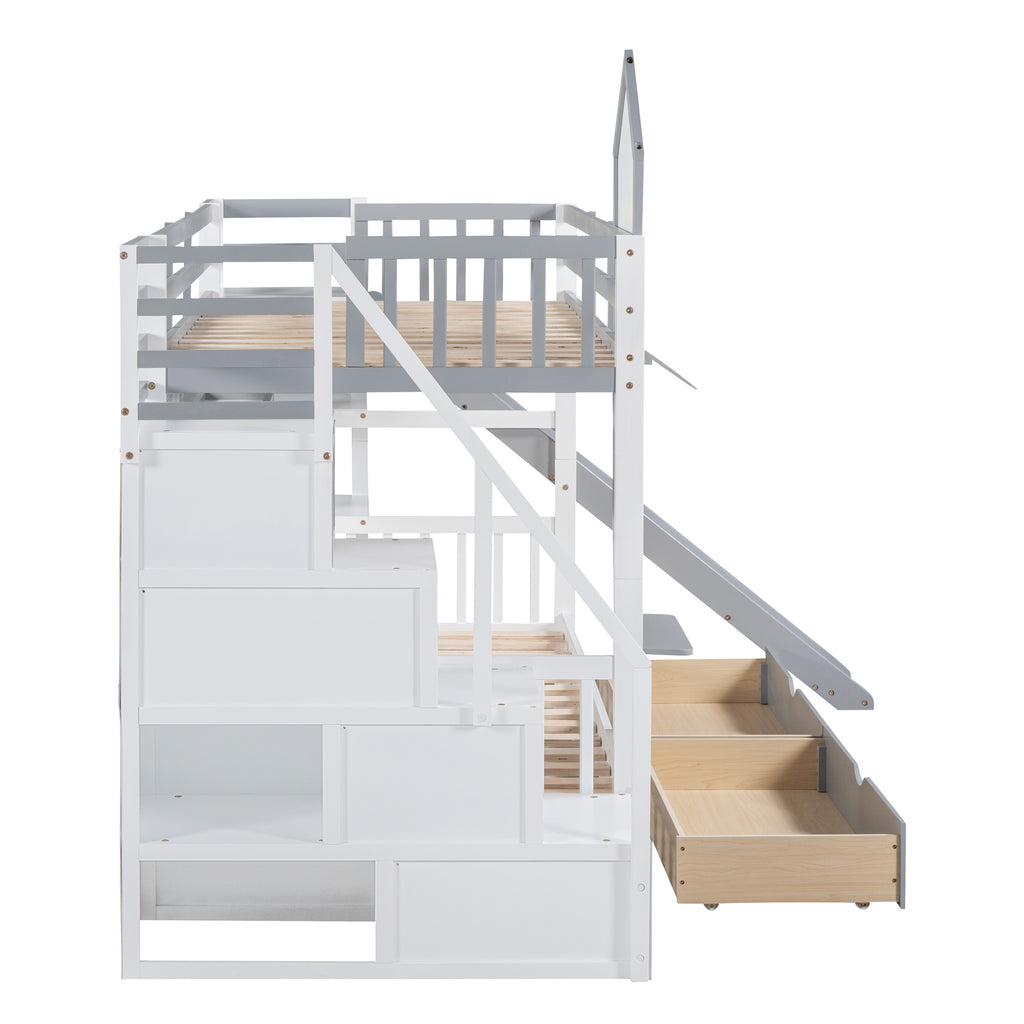 Twin Over Twin Bunk Bed with 2 Drawers and Slide, Gray N9162