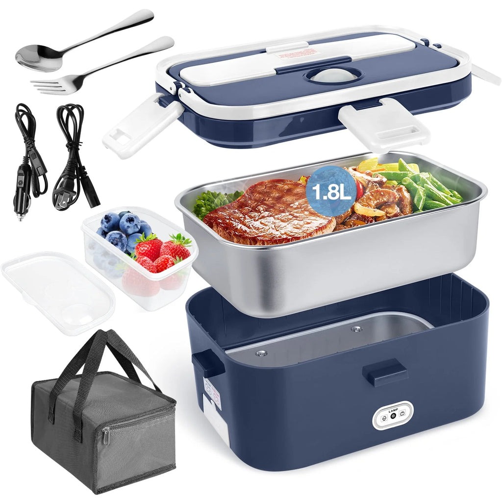 Electric Lunch Box Food Heater 60W 1.8L Stainless Steel Green Royal Blue P561