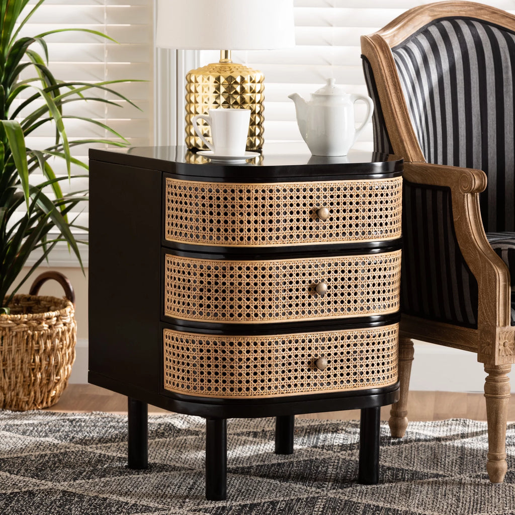Black Wood and Rattan 3-Drawer End Table Nightstand I731