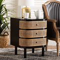 Black Wood and Rattan 3-Drawer End Table Nightstand I731
