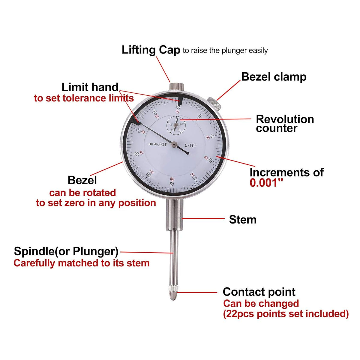 Dial Indicator with Magnetic Base Holder 0-10mm 0.01mm Pack of 2 M476