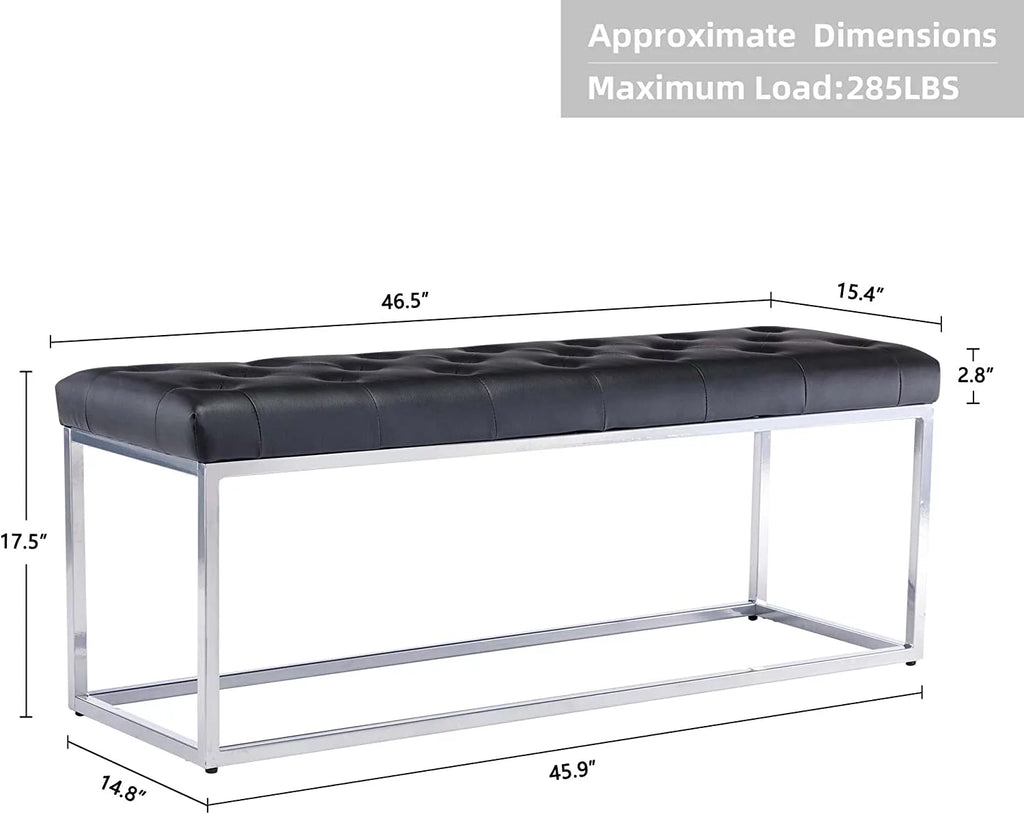 Black Tufted Leather Upholstered Bench with Metal Base T4636