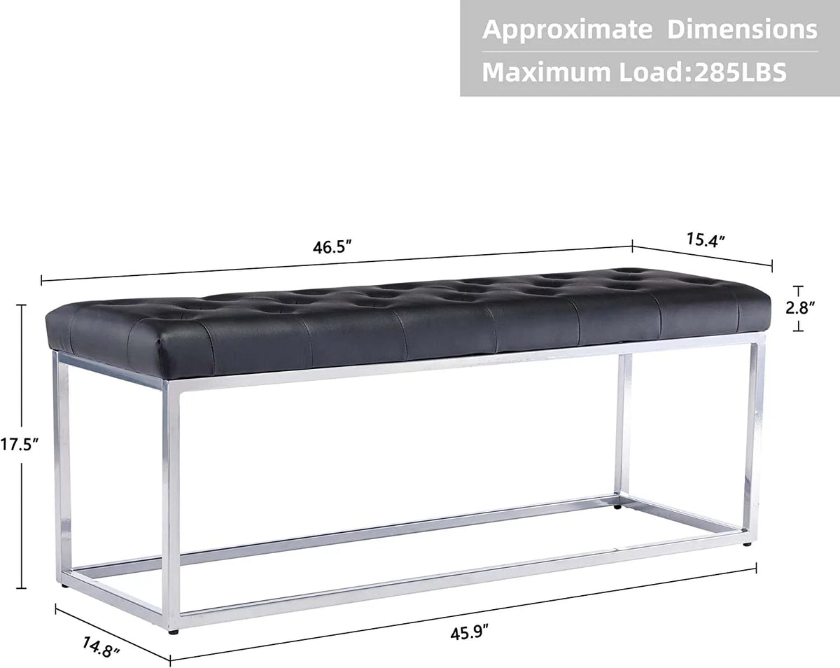 Black Tufted Leather Upholstered Bench with Metal Base T4636