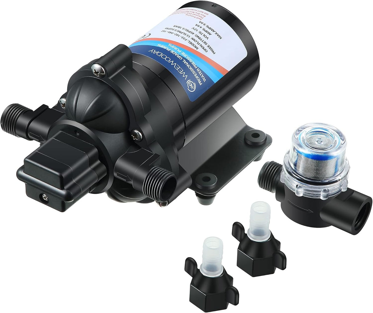 Diaphragm Water Pump 12V with Pressure Switch 3.5 GPM 45 PSI Self Priming RV DC Washdown Pump with Fittings Strainer Filter T7255