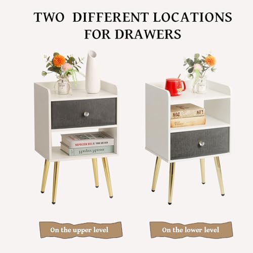 White Nightstand with Drawer Fabric Cabinet Storage with Sliding Drawers and Shelf C97420
