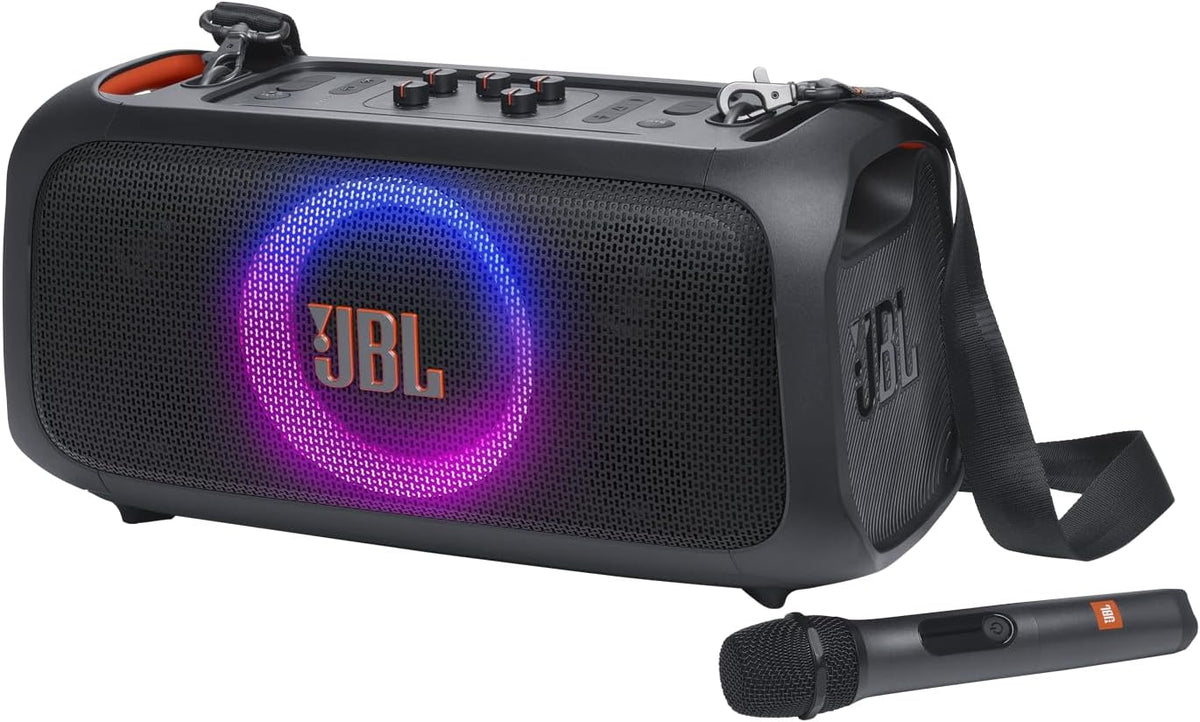 Portable party speaker with built-in lights and wireless mic, IPX4 splashproof protection, 6 hours of playtime, shoulder strap Z11899