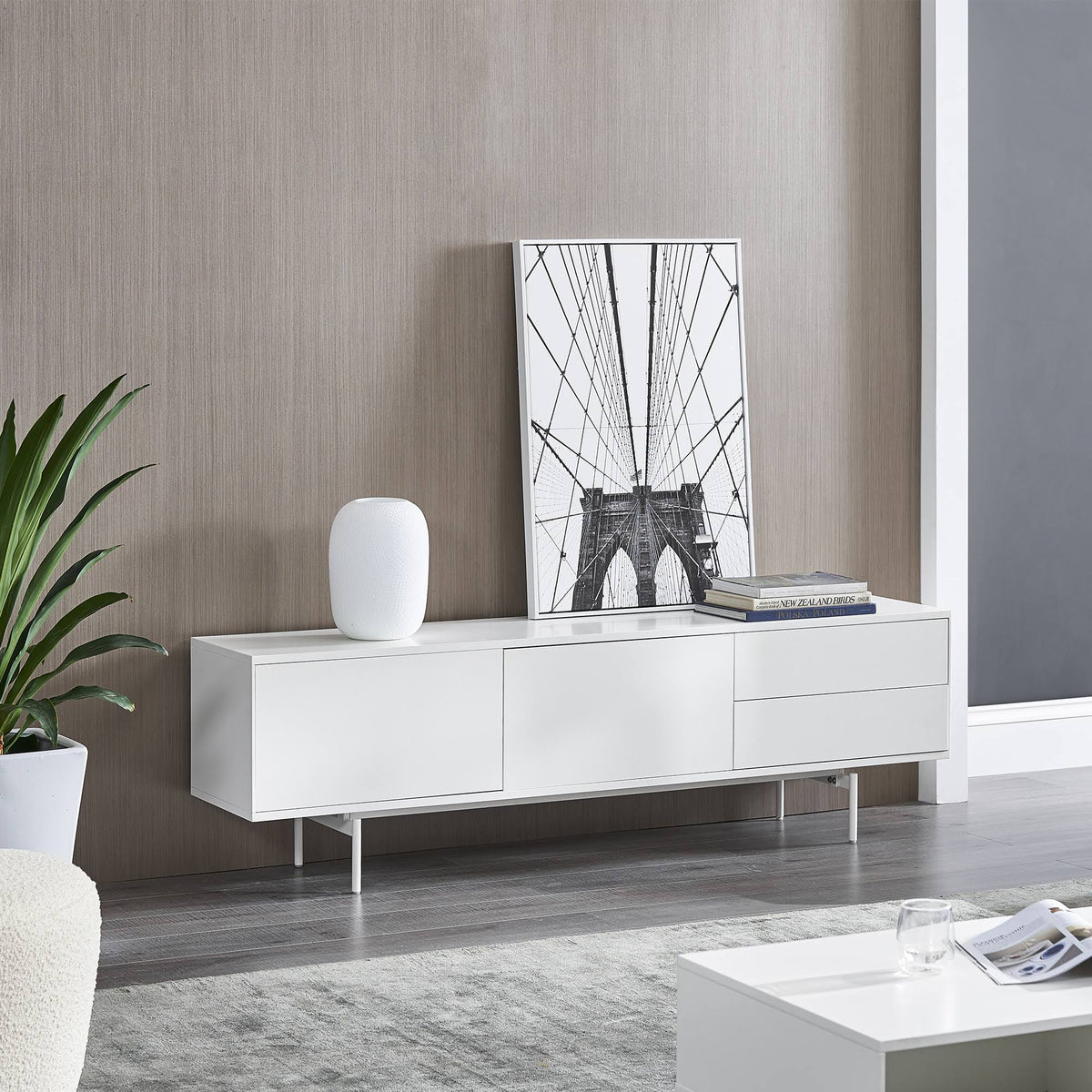 White TV Console with Soft-Close Doors I50397